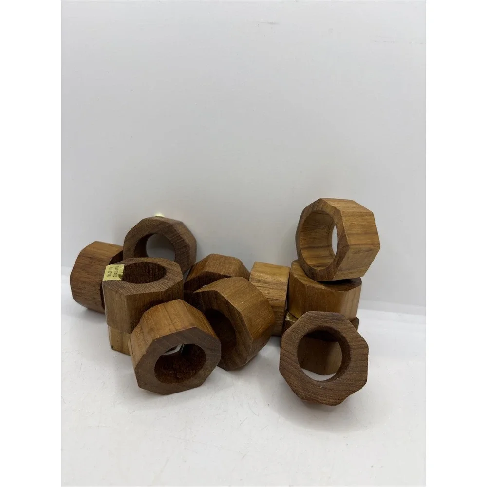 Hand Crafted‎ Teak Wood Round Napkin Rings Made in Thailand Set of 12